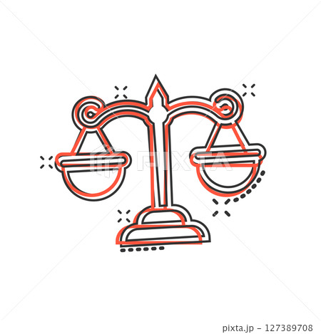 Scales icon in comic style. Libra cartoon vector illustration on isolated background. Mass comparison splash effect sign business concept. 127389708
