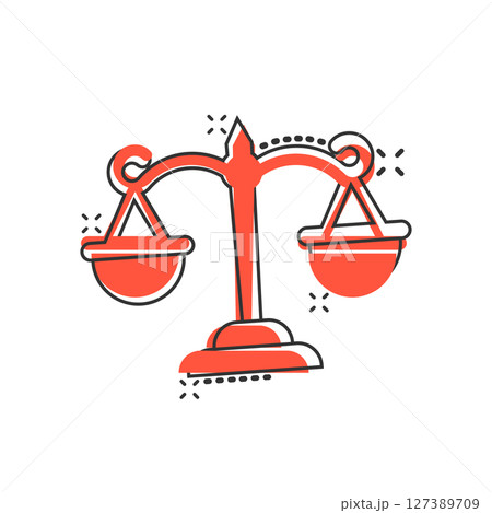 Scales icon in comic style. Libra cartoon vector illustration on isolated background. Mass comparison splash effect sign business concept. 127389709