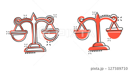 Scales icon in comic style. Libra cartoon vector illustration on isolated background. Mass comparison splash effect sign business concept. 127389710