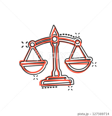 Scales icon in comic style. Libra cartoon vector illustration on isolated background. Mass comparison splash effect sign business concept. Scales icon in comic style. Libra cartoon vector illustration on isolated background. Mass comparison splash effect sign business concept. 127389714