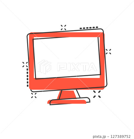 Personal computer in comic style. Desktop pc cartoon vector illustration on isolated background. Monitor display splash effect sign business concept. 127389752