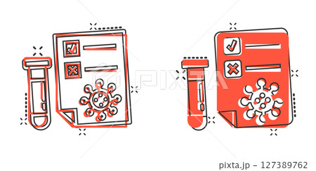 Coronavirus test icon in comic style. covid-19 cartoon vector illustration on isolated background. Medical diagnostic splash effect sign business concept. Coronavirus test icon in comic style. covid-19 cartoon vector illustration on isolated background. Medical diagnostic splash effect sign business concept. 127389762