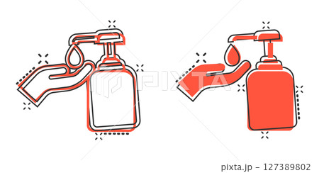 Hand sanitizer icon in comic style. Antiseptic bottle cartoon vector illustration on isolated background. Disinfect gel splash effect sign business concept. Hand sanitizer icon in comic style. Antiseptic bottle cartoon vector illustration on isolated background. Disinfect gel splash effect sign business concept. 127389802
