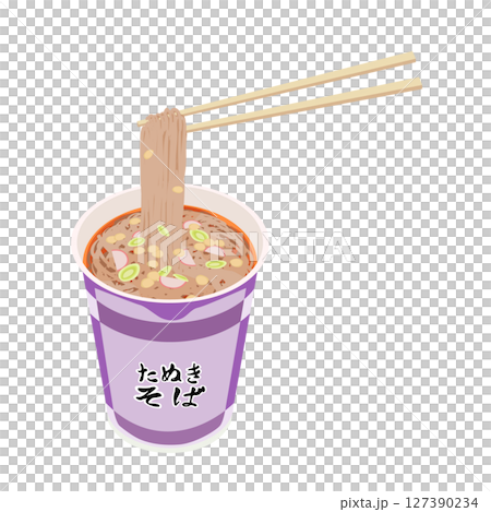 Illustration of eating cup soba noodles with chopsticks 127390234