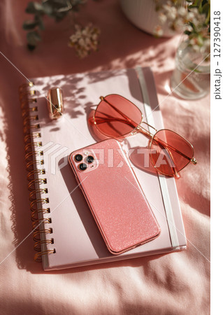 Pink workspace flat lay with smartphone, sunglasses and notebook 127390418