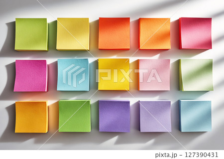 Colorful sticky notes on wall in sunlight 127390431