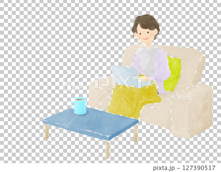 一位女士在沙發上使用電腦工作的插圖 127390517