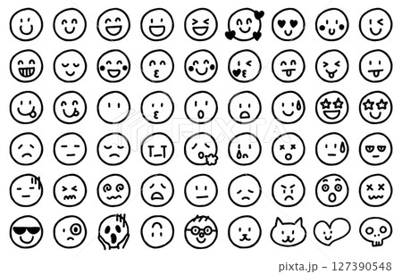 手描きの感情表現フェイスアイコンセット(モノクロ) 手描きの感情表現フェイスアイコンセット(モノクロ) 127390548