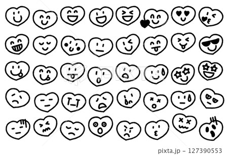 ハートの手描き表情アイコンセット（モノクロ） 127390553