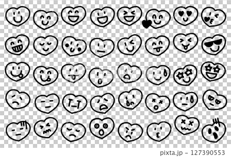 ハートの手描き表情アイコンセット（モノクロ） 127390553