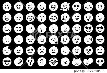 手描きの感情表現フェイスアイコンセット（モノクロ） 127390566