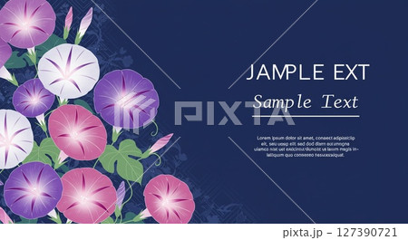 深いネイビーブルーの背景に色とりどりの朝顔 127390721