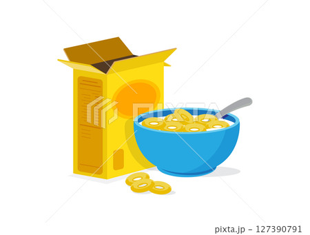 Box of cereal and a bowl of cereal with milk stock illustration 127390791