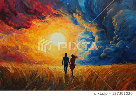 oil paint scene with heartwarming scene of love couple walking with together in golden field over a vast field towards a bright and powerful sun. 127391020