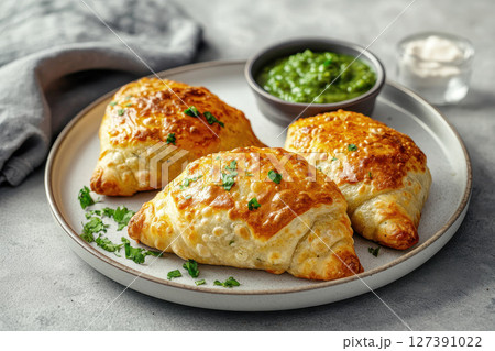 Crispy onion samosa with a golden flaky crust. 127391022
