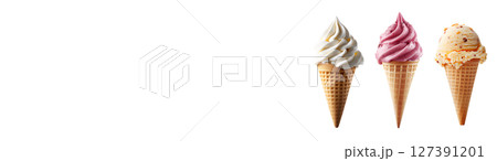 Three unique ice cream cones with flavors, PNG, created with Generative AI 127391201