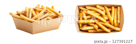 Two servings of crispy fries in unique containers, PNG, created with Generative AI 127391227