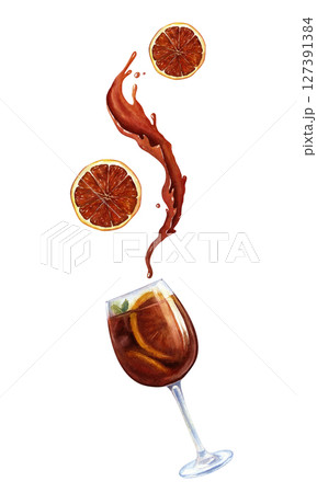 Vertical composition with a glass, a splash of drink and levitating oranges. Watercolor illustration for packaging, menu design. Isolated on white. Vertical composition with a glass, a splash of drink and levitating oranges. Watercolor illustration for packaging, menu design. Isolated on white. 127391384