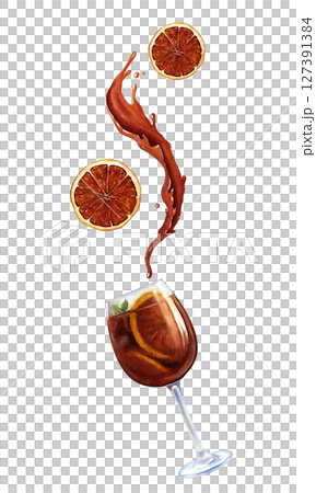 Vertical composition with a glass, a splash of drink and levitating oranges. Watercolor illustration for packaging, menu design. Isolated on white. 127391384