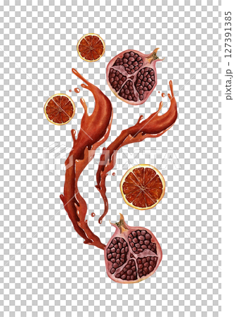 Vertical composition with a splash of drink and flying oranges and pomegranate. Watercolor illustration for packaging, menu design. Isolated on white. Vertical composition with a splash of drink and flying oranges and pomegranate. Watercolor illustration for packaging, menu design. Isolated on white. 127391385