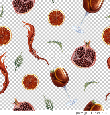 Seamless watercolor pattern with pomegranate, blood orange, drink in a glass and red splash. On a white background. Used for fabric, packaging, textile design. 127391390