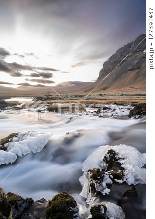 Panoramic view of the cliff and flowing rushing water on the river in Kirkjubaejarklaustur, Iceland. Nature, travel, winter background, or wallpaper Panoramic view of the cliff and flowing rushing water on the river in Kirkjubaejarklaustur, Iceland. Nature, travel, winter background, or wallpaper 127391437
