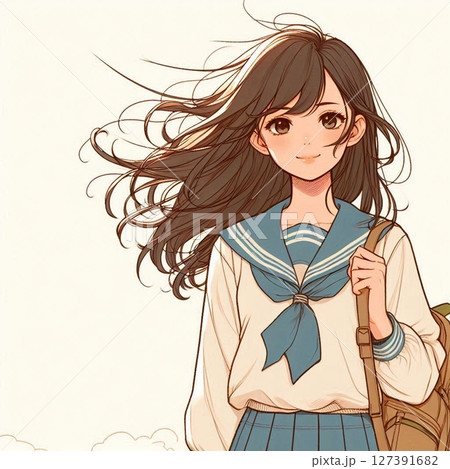 日本人女子学生の笑顔が可愛い綺麗！エモい10代の高校生か中学生の制服がスマイルAIイラストのアオハル 127391682