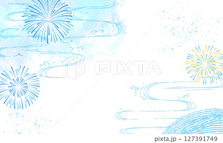 夏の花火と流水紋の水彩フレーム 127391749