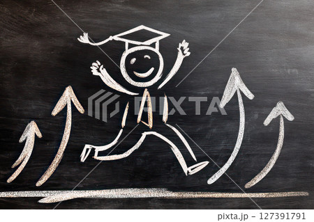 Happy graduate character with mortarboard celebrating success, surrounded by upward arrows symbolizing growth and achievement in education and career 127391791