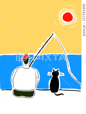 釣りを楽しむ男性と猫のオリジナルイラスト 127391809