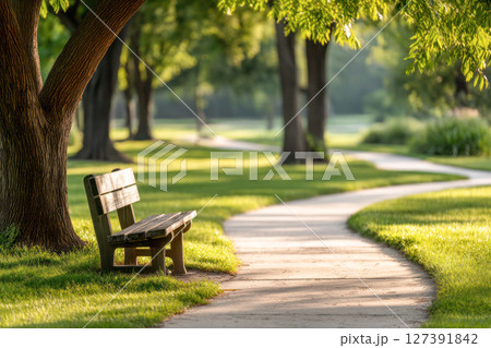Hop A Park Day. Serene park scene featuring a wooden bench beside a winding pathway, surrounded by lush greenery and tall trees, inviting relaxation and tranquility Hop A Park Day. Serene park scene featuring a wooden bench beside a winding pathway, surrounded by lush greenery and tall trees, inviting relaxation and tranquility 127391842