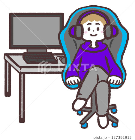 パソコンの前でゲーミングチェアに座る人のイラスト パソコンの前でゲーミングチェアに座る人のイラスト 127391913