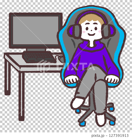 パソコンの前でゲーミングチェアに座る人のイラスト パソコンの前でゲーミングチェアに座る人のイラスト 127391913