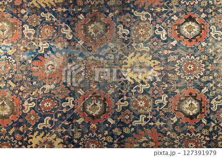 Antique handmade wool carpet made in Azerbaijani, close-up Antique handmade wool carpet made in Azerbaijani, close-up 127391979