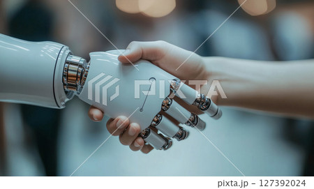A robot and human shake hands showcasing advances in AI, created with Generative AI A robot and human shake hands showcasing advances in AI, created with Generative AI 127392024