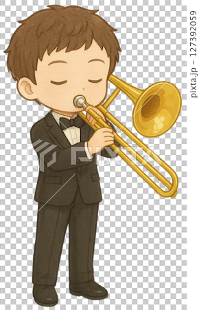 Tuxedoed boy playing the trombone Tuxedoed boy playing the trombone 127392059