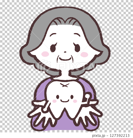 一位老年婦女露出牙齒的插圖 127392213