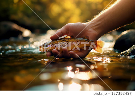 Close-up of a hand releasing a fish into the water. Close-up of a hand releasing a fish into the water. 127392457