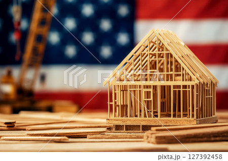 A construction rests on a wooden table, with an American flag displayed in the background. usa construction tariffs concept. 127392458