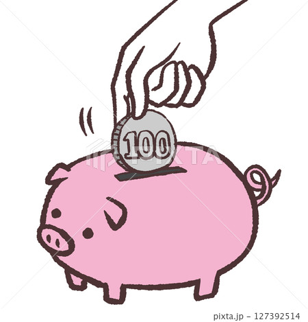 豚の貯金箱に硬貨を入れるイラスト 127392514