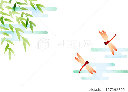 柳と赤とんぼの残暑見舞いはがき、横、イラスト、かわいい、和風 127392863