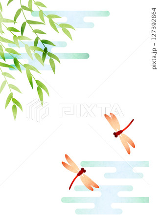 柳と赤とんぼの残暑見舞いはがき、縦、イラスト、かわいい、和風 柳と赤とんぼの残暑見舞いはがき、縦、イラスト、かわいい、和風 127392864