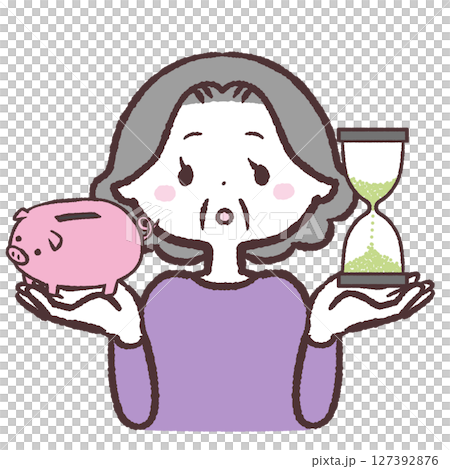 一位老年婦女比較時間和金錢的插圖 一位老年婦女比較時間和金錢的插圖 127392876