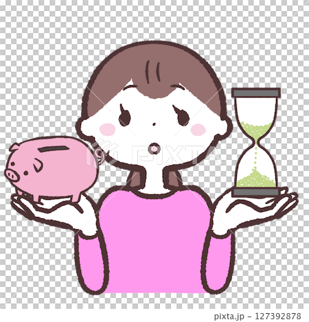 Illustration of a woman comparing time and money 127392878