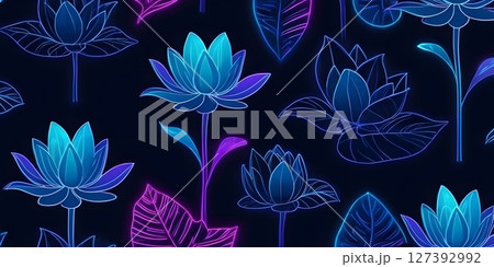 Neon Lotus Flowers and Tropical Leaves on Dark Background 127392992