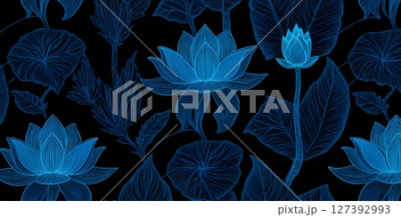 Neon Lotus Flowers and Tropical Leaves on Dark Background Neon Lotus Flowers and Tropical Leaves on Dark Background 127392993