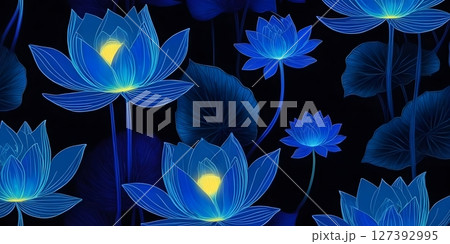 Neon Lotus Flowers and Tropical Leaves on Dark Background Neon Lotus Flowers and Tropical Leaves on Dark Background 127392995
