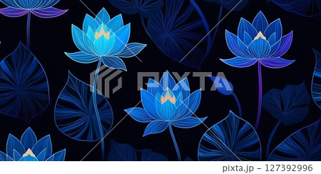 Neon Lotus Flowers and Tropical Leaves on Dark Background Neon Lotus Flowers and Tropical Leaves on Dark Background 127392996