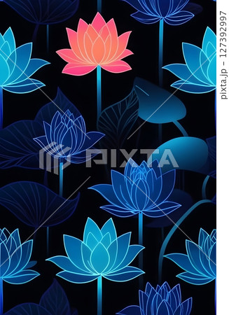 Neon Lotus Flowers and Tropical Leaves on Dark Background Neon Lotus Flowers and Tropical Leaves on Dark Background 127392997