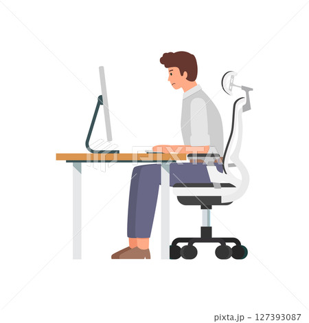 Bad incorrect posture for sitting at computer desk. Bad incorrect posture for sitting at computer desk. 127393087